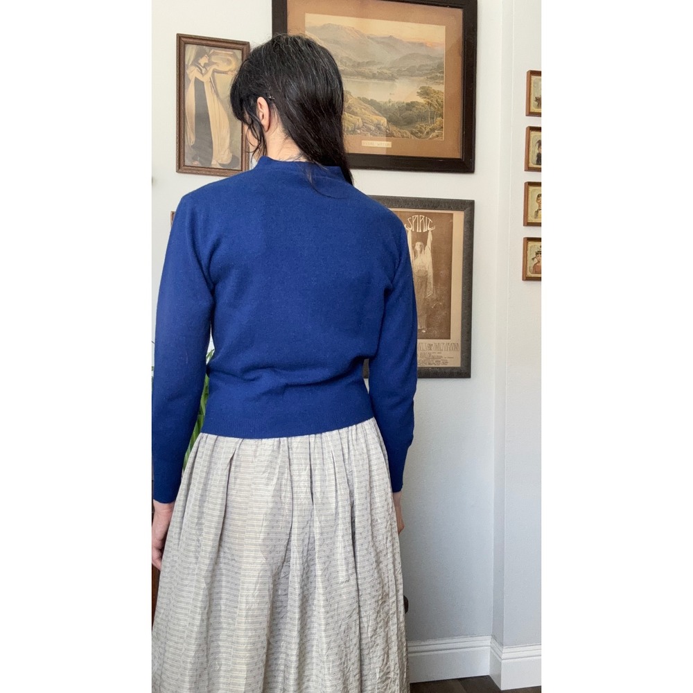 Vintage 60s Luisa Spagnoli Italy Blue Embroidered Floral Wool Cardigan Sweater - Picture 5 of 8